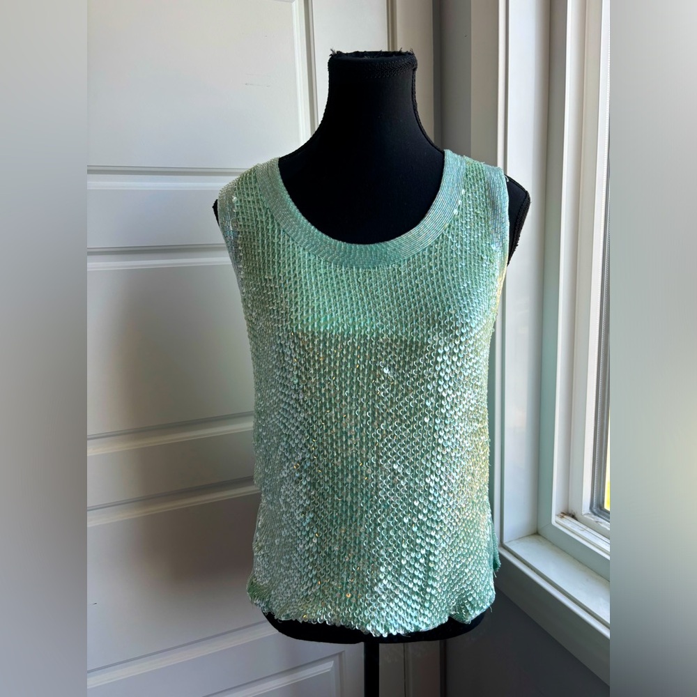 Vintage hand beaded sequin sleeveless blouse Seafoam green blue size medium - Picture 3 of 8